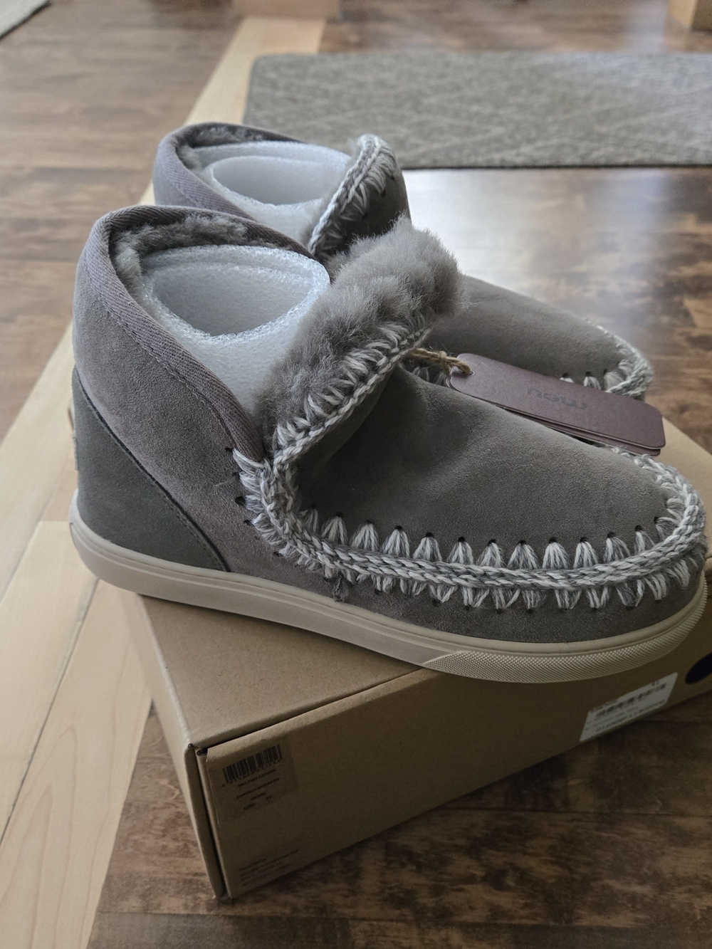 Mou Gray Suede Anklet Booties with Shearling Trim